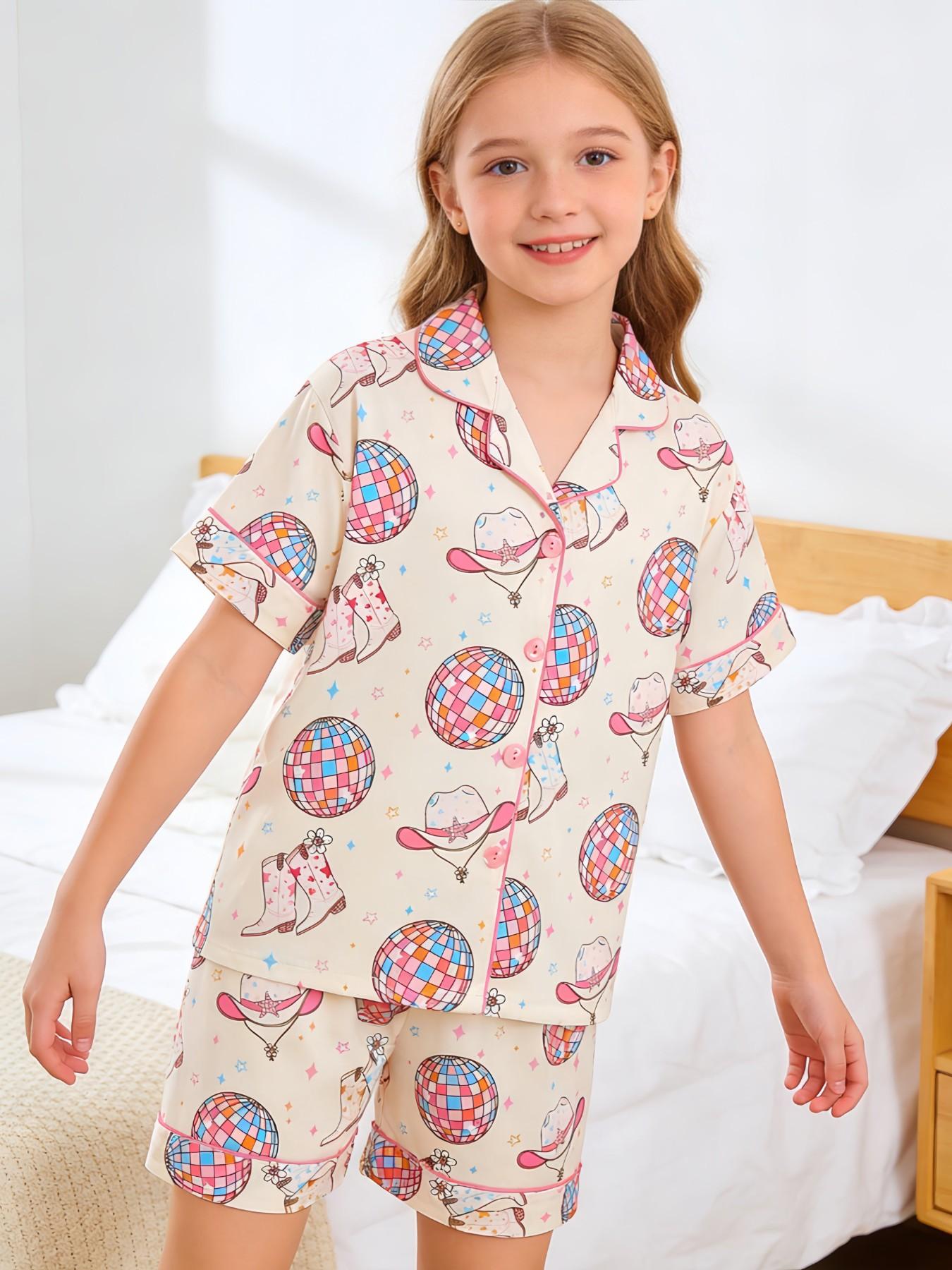 2-Piece Kids' Fire-Resistant Pajama Set, Short Sleeve Button Front, Cartoon Pattern, Loose-Fit, All Seasons, Boys & Girls