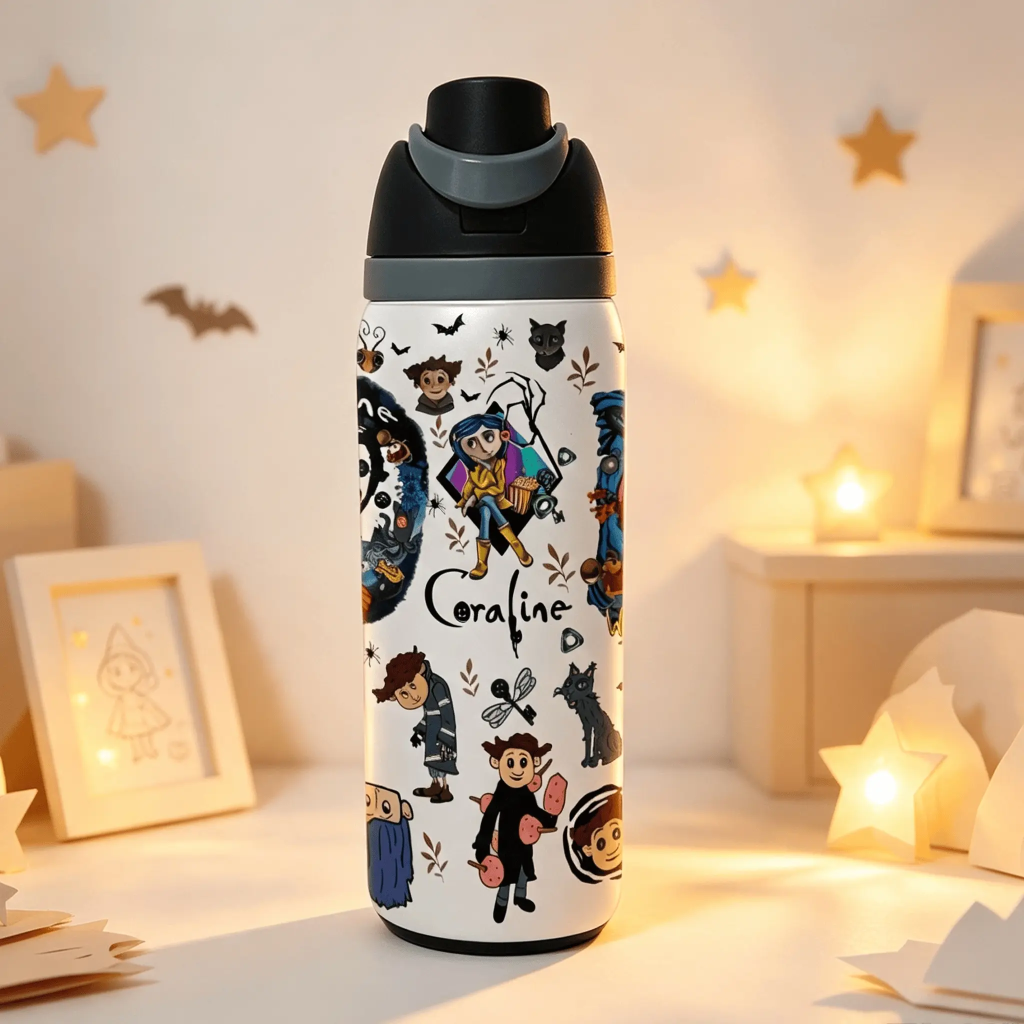1pc 32oz Coraline Cartoon Insulated Water Bottle, Double‑Wall Stainless Steel Portable Travel Tumbler, Horror Animation Character Print, Flip Spout Lid, Leak‑Proof Reusable Cup, For Daily School Outdoor, Animation Fan Collectible Gift