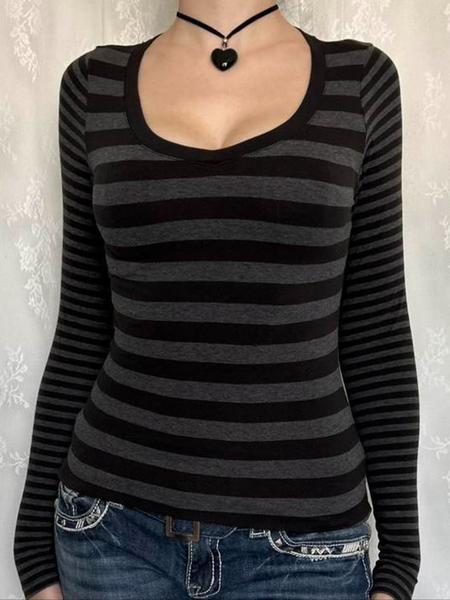 Women's Fall Winter Striped Long Sleeve T-Shirt, Comfortable Casual Slim Fit Top, Perfect for Home & Outdoor Wear