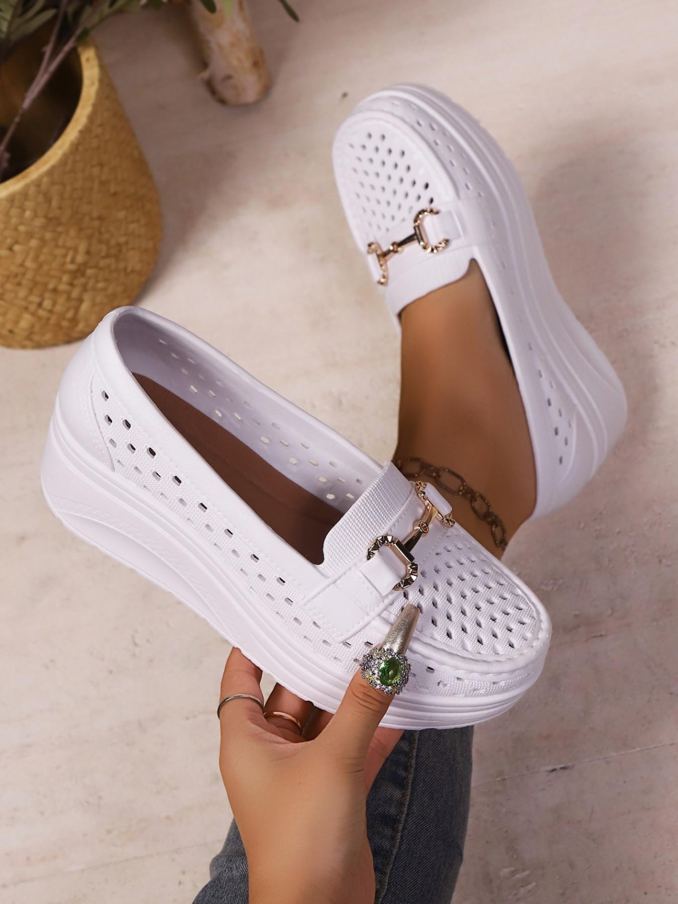 Summer New Metal Buckle, Bowknot, Pearl Decorative Hollow Out Breathable Platform Shoes, Thick Sole Heeled Loafers, Slip-On Lazy Shoes