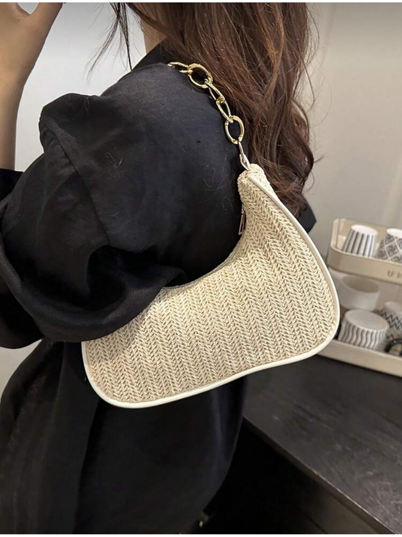 Summer Women Straw Handbag Crescent Shape Metal Chain Tote Beach Bag Casual Multi functional Crossbody Shoulder Bag
