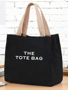 Minimalist Letter Print Tote Bag, Canvas with Woven Handle, Comfortable Commute Bag for Office and School, Canvas Tote Bags