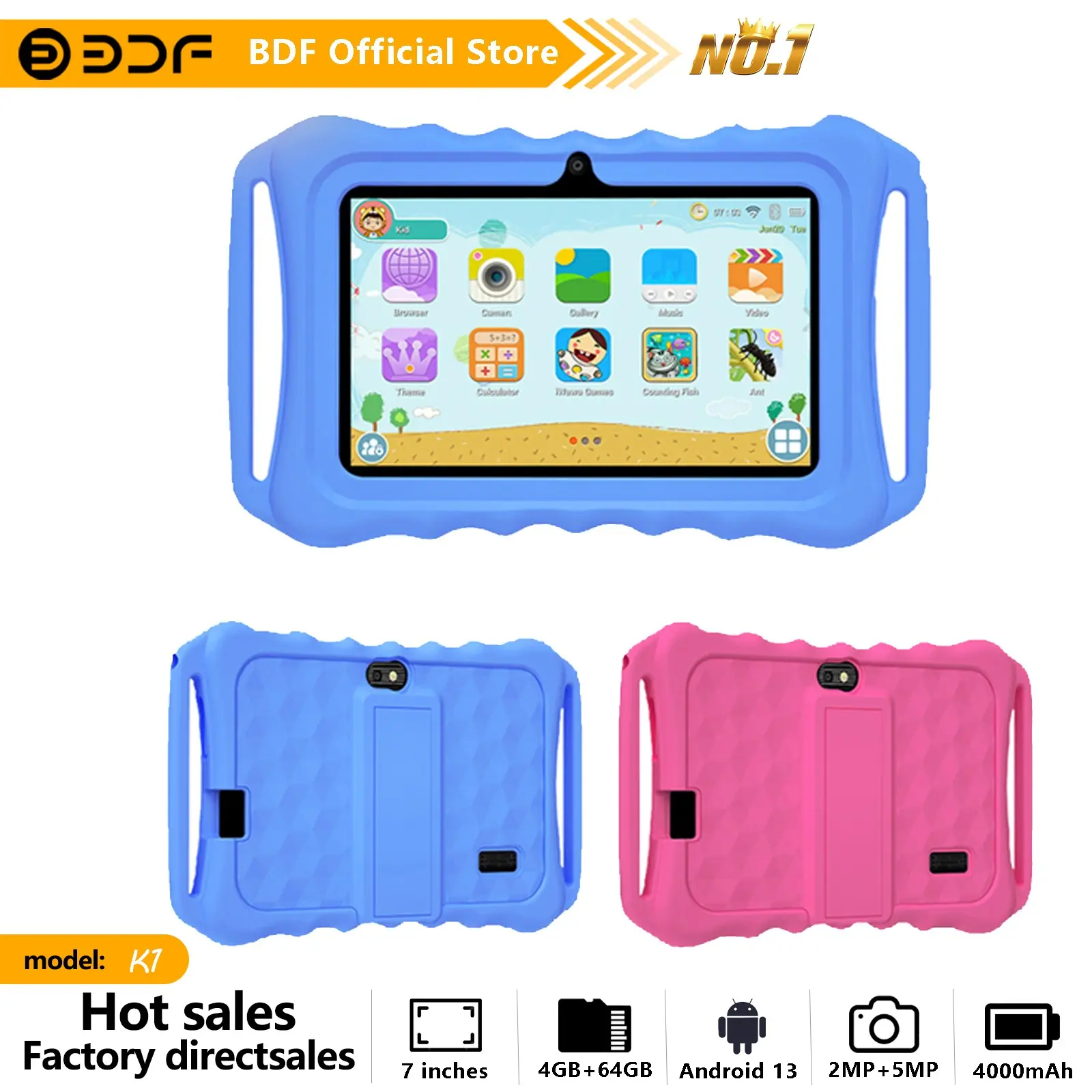 Bdf 7-Inch Android 13 Tablet with Education Software, USB Charging, Quad-Core Processor, 4GB RAM, HD IPS Display, 64GB Storage, 4000mah Battery