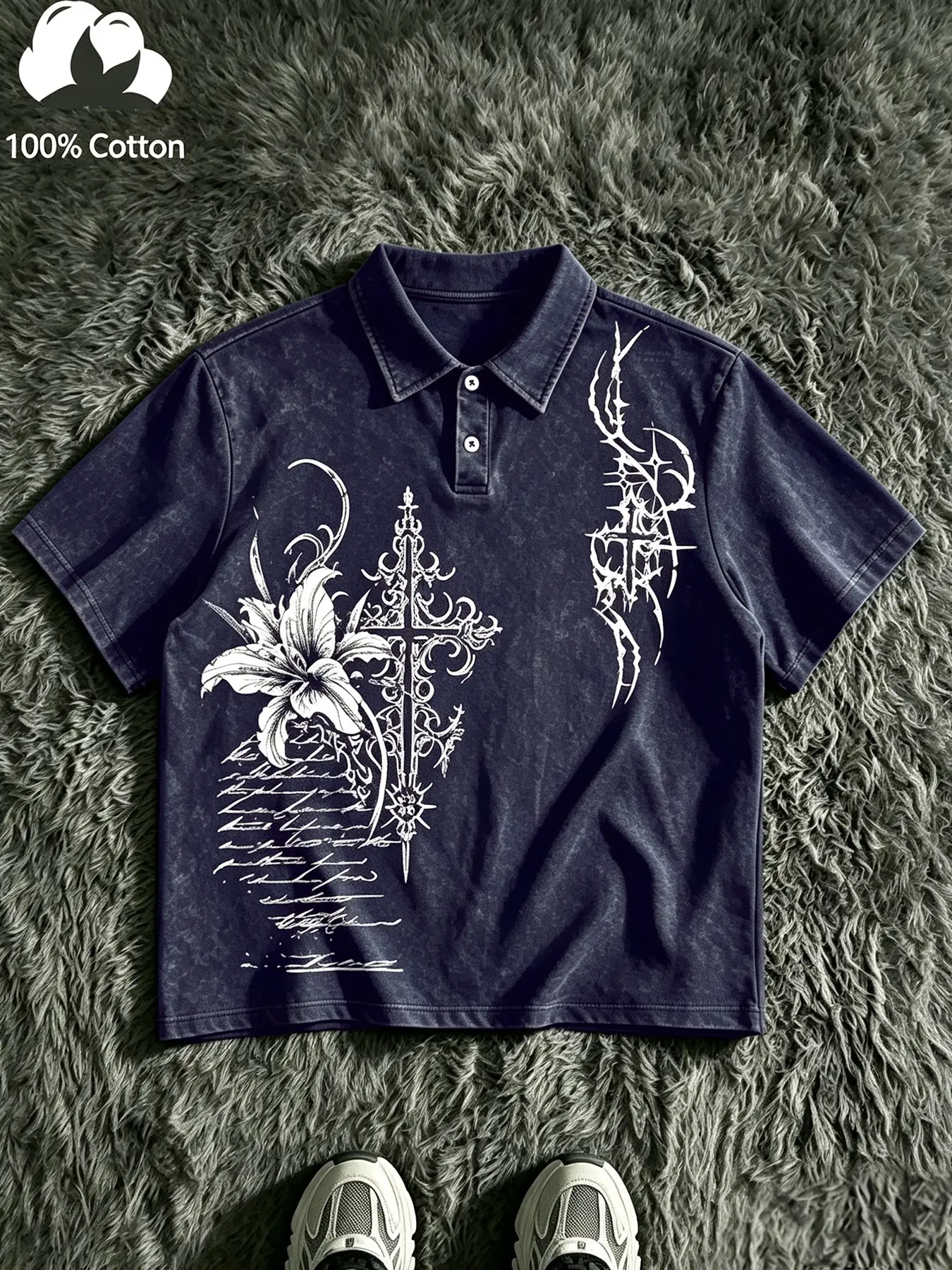 Y2K Men's Gothic Polo Shirt, Cross Lily Print, 100% Cotton, Breathable, Loose Fit, Spring & Fall, Casual Streetwear, Daily Wear, Collared Polo Shirts