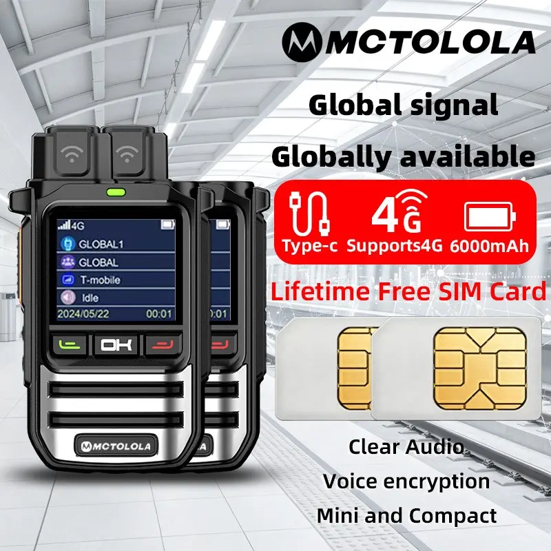 Two MT-R6 4G POC portable handheld public network intercoms equipped with lifetime free SIM card dual slot design, global unlimited distance intercom suitable for multiple scenarios
