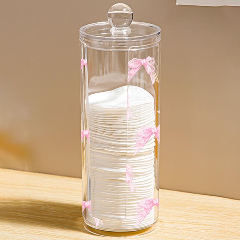 Bow Pattern Transparent Cotton Pad Box, Cylindrical Large Capacity Storage, Washable & Easy to Clean, Ideal for Beauty Tools, Plastic Canister Jar