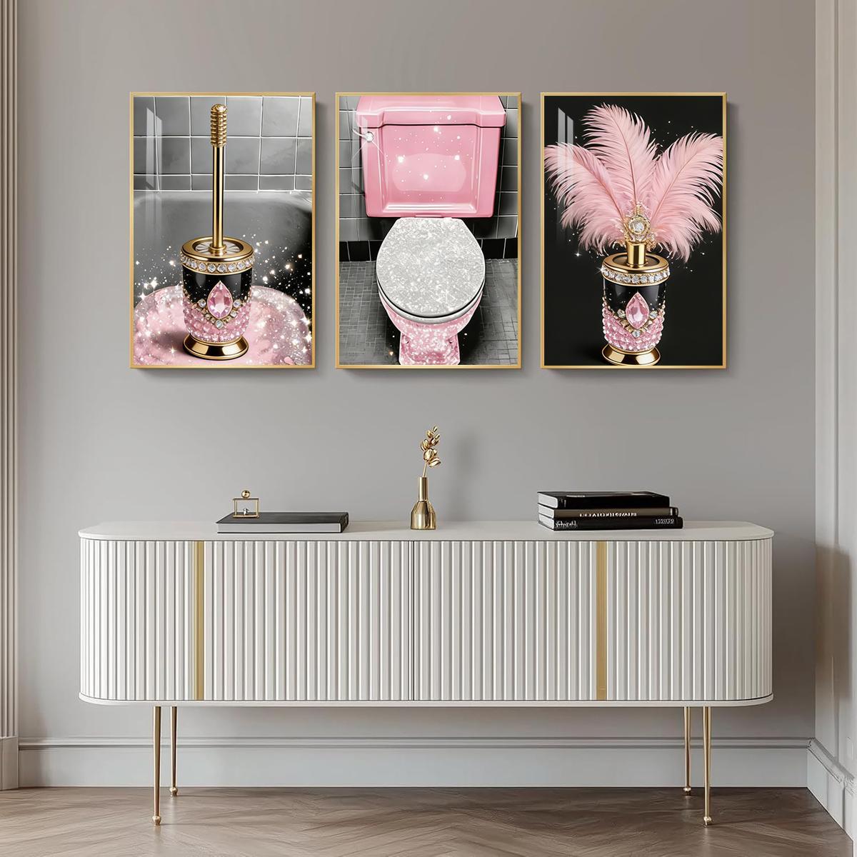 3 Counts Aluminum Alloy Framed Painting, Luxury Pink Diamond Feather Toilet Brush Set Pictures, Home Decoration For Living Room, Bedroom, Office, Restaurant, Hallway Wall Decor, Odorless Print Artwork, Luxury Perfect Gift For Friends And Family