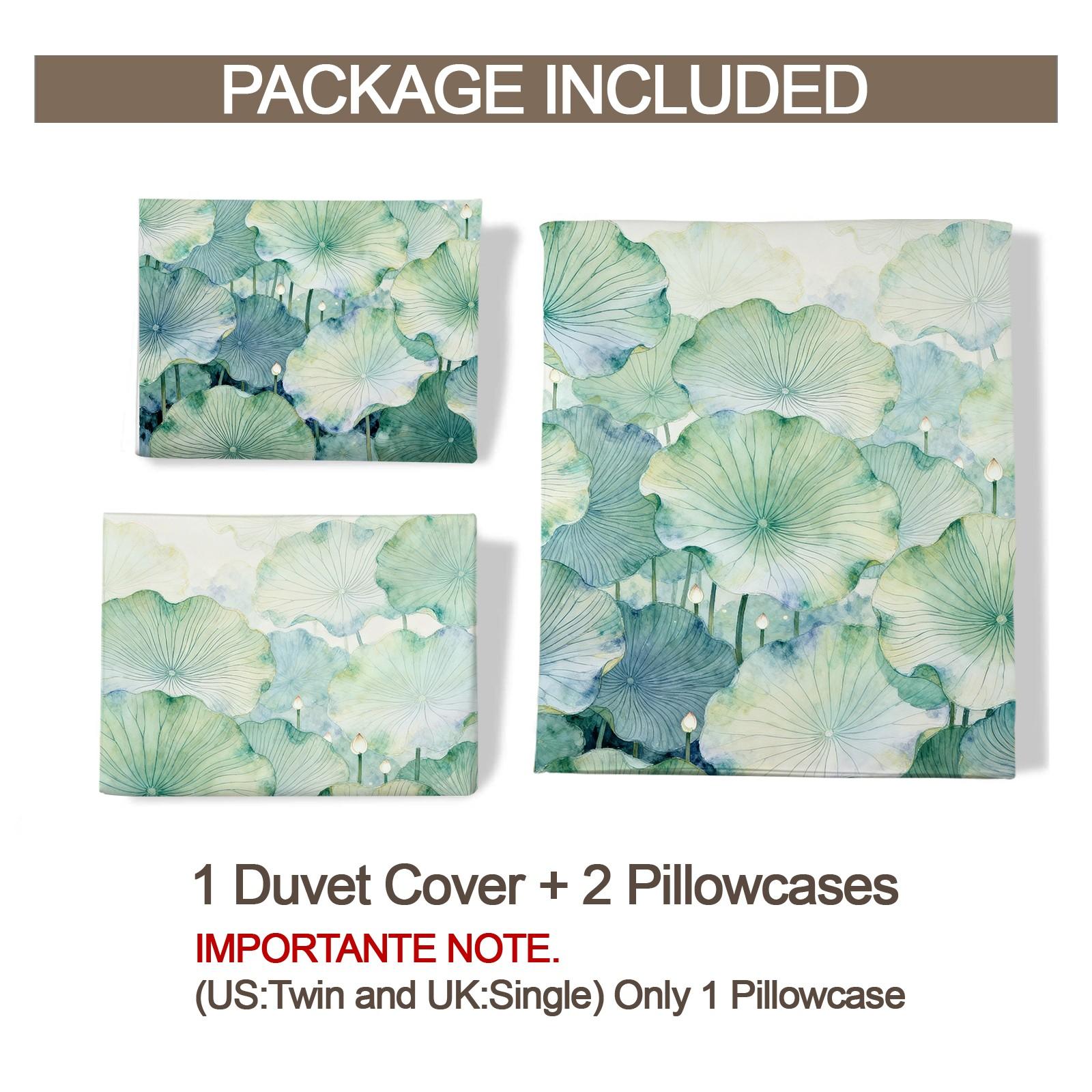 2/3 Piece Watercolor Lotus Leaf Duvet Cover Set, Green Lotus HD Digital Print Bedding Set, Soft Breathable Comforter Cover with Zipper & Corner Ties for Bedroom & Dorm (Comforter Not Included)