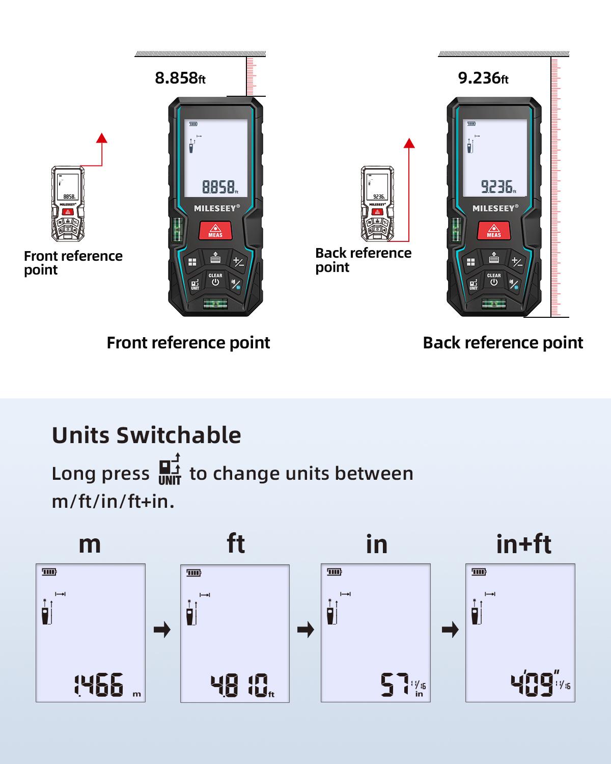 Mileseey D5T Laser Measure 165 Feet with 2 Bubble Levels ±1/16 inch Accuracy Unit Switching Backlit LCD Pythagorean Mode Supports Mobile App Laser Measurement Tool