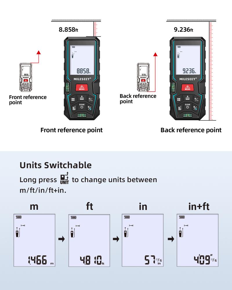 Mileseey D5T Laser Measure 165 Feet with 2 Bubble Levels ±1/16 inch Accuracy Unit Switching Backlit LCD Pythagorean Mode Supports Mobile App Laser Measurement Tool