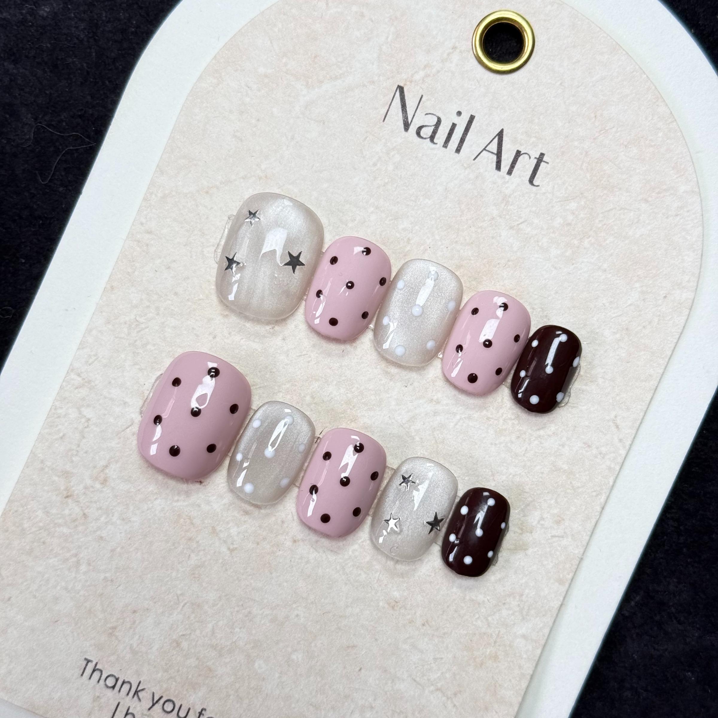 No Cheap Flair! Pink Brown Exquisite Hand-Painted Press On Fake Nails, Reusable, Glow Cream Base & Star Design, Euro-Style Sweet Luxury Nails