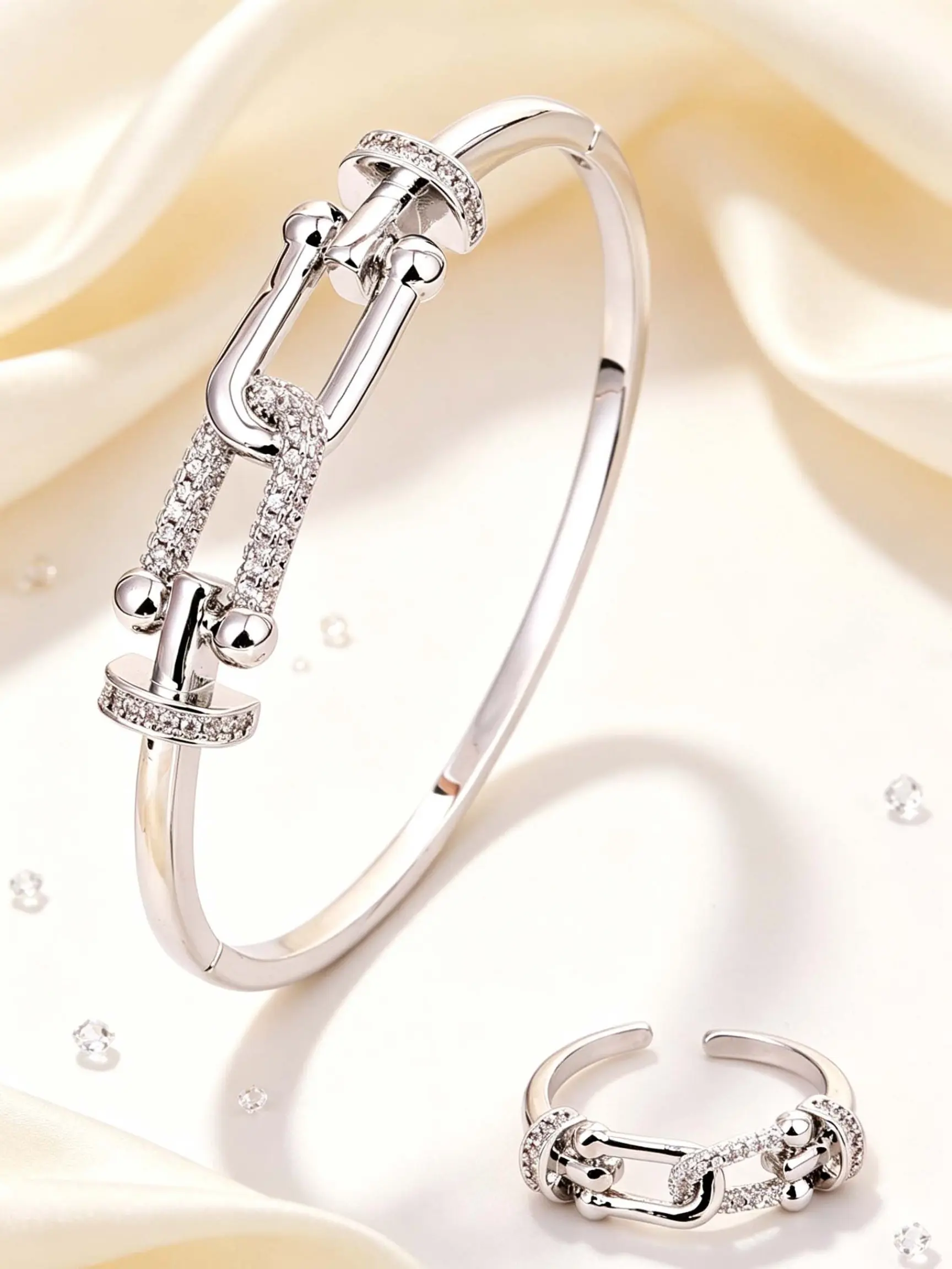 2pcs Zirconium Horseshoe Bracelet Ring Set, Elegant Women's Jewelry, Versatile High-End Accessories, Mother's Day Gift
