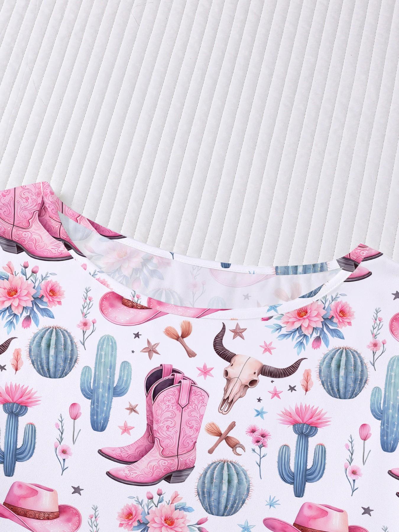 Western Cowboy Cactus Print Nightgown, Women's Casual Loose-Fit Short Sleeve Robe, Comfortable Holiday Party Sleepwear, Side Pockets