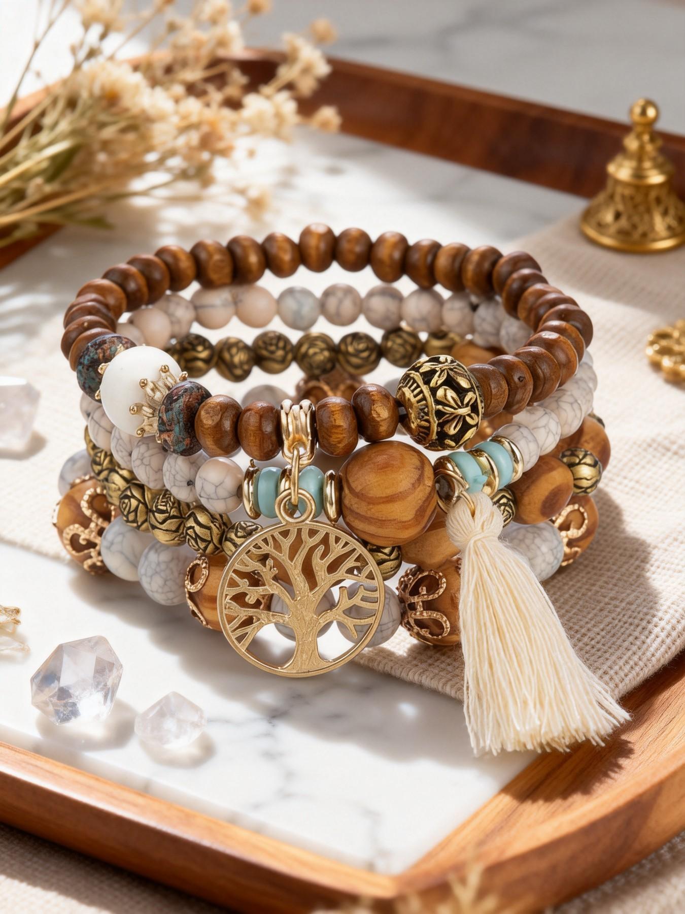 Boho Tree of Life Beaded Bangles Bracelets Set for Women - Multilayer Stackable Bohemian Jewelry with Tassel, Perfect for Black Girl Style & Festival Fashion
