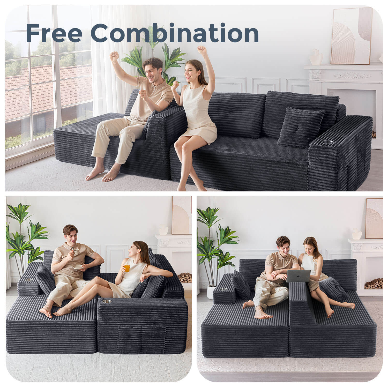 [Hot Sale] MAXYOYO Titan L-Shaped Sofa, 104" Modular Boneless Couch, Corduroy Cloud Sectional Sofa, 104"*65"*31.5", 2 Cupholders Design, No Assembly Required, Cozy for Living Room or Apartment