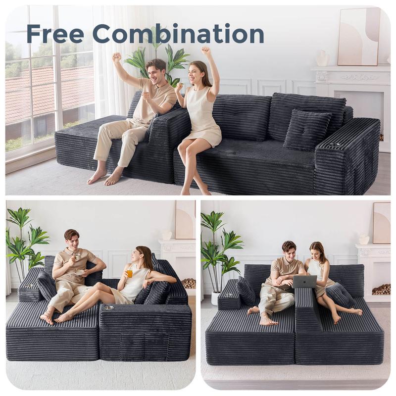 [Hot Sale] MAXYOYO 104" L-Shape Modular Couch, Corduroy Cloud Sectional Sofa, 104"*65"*31.5", 2 Cupholders Design, No Assembly Required, Cozy for Living Room or Apartment