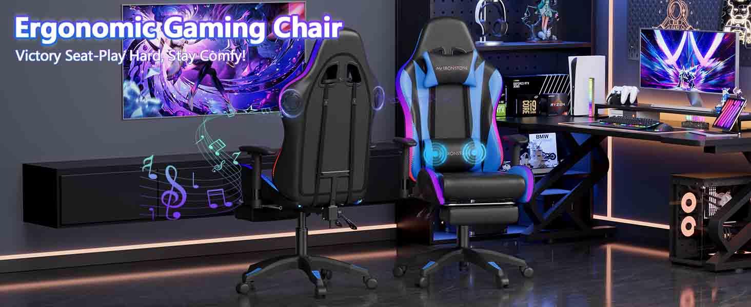 【Dual Speakers】Mr IRONSTONE Gaming Chair with Speakers and Led Lights Ergonomic Massage Computer Gaming Chair with Broaden Cusion and Footrest High Back Video Game Chair for Adults Kids Boyfriend Father's Gift, Blue Black and Pink