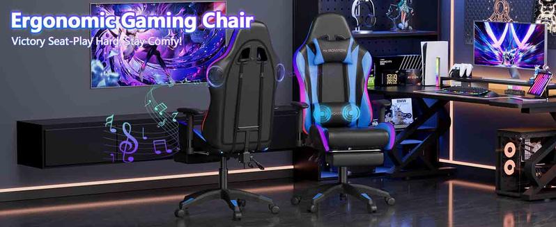【Dual Speakers】Mr IRONSTONE Gaming Chair with Speakers and Led Lights Ergonomic Massage Computer Gaming Chair with Broaden Cusion and Footrest High Back Video Game Chair for Adults Kids Boyfriend Father's Gift, Blue Black and Pink