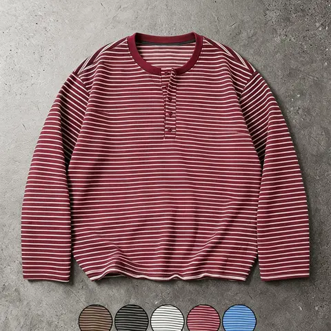 Vintage Striped Henley Collar Men's Long Sleeve Top, Loose Fit Casual Streetwear, Daily Commute Basic Shirt, All-Seasons Wear, Menswear