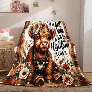 Just A Girl Who Loves Highland Cows Lightweight Throw Blanket, Soft Flannel Fleece Cute Highland Cow Floral Blanket, Western Plaid Nap Blanket for Couch Bed Office Travel, Ideal Gift for Highland Cow Lovers Women Girls Teens