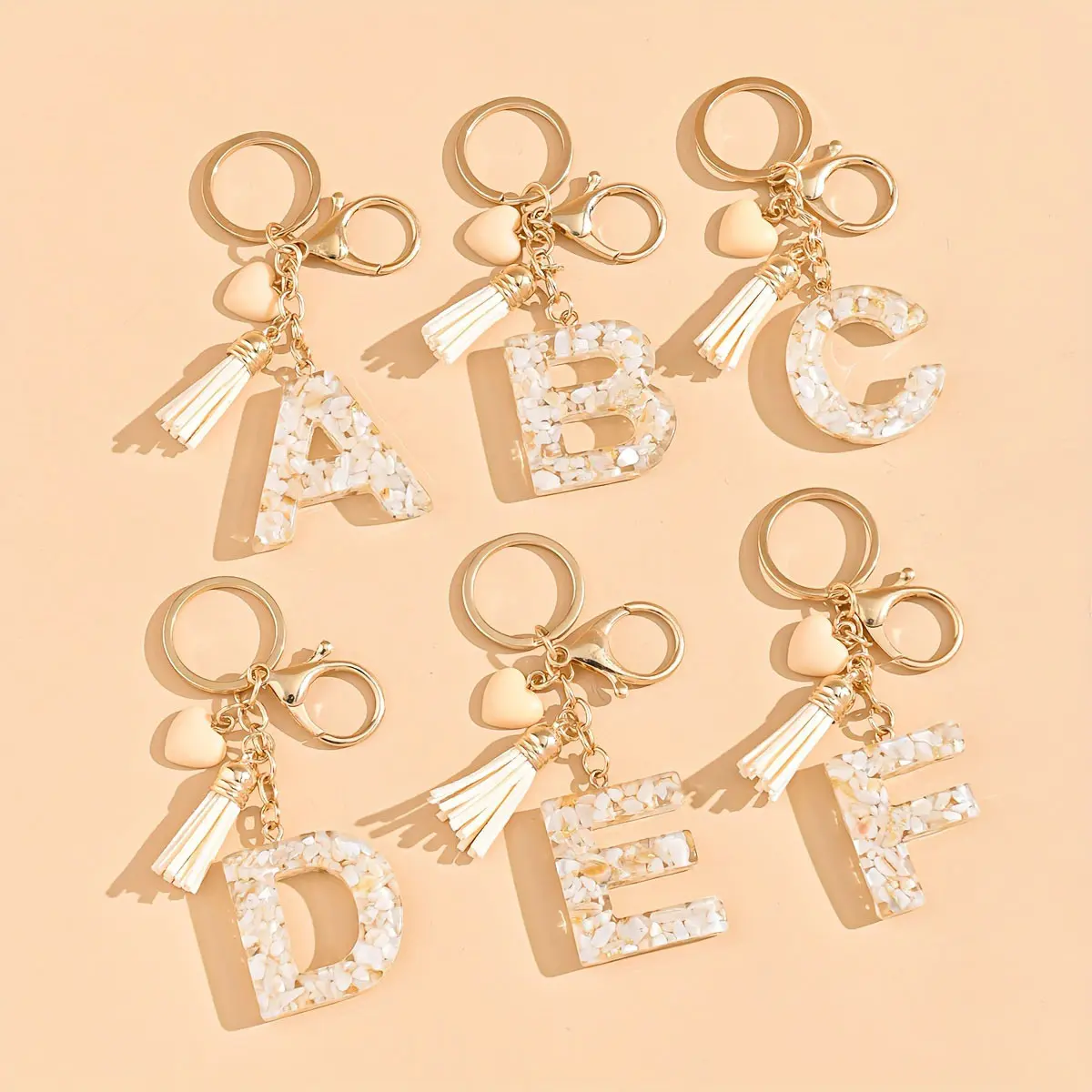 Initial Letter Resin Keychain, Cream Tassel & Heart Charm Alphabet Key Ring for Women