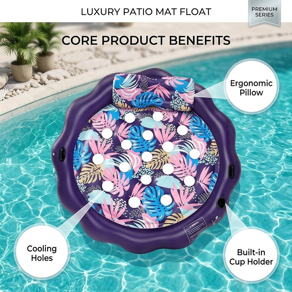 Round Edge Inflatable Sunbathing Pool, 77x77 Inch Thick PVC with Pillow and Drink Holder, Outdoor Floating Lounge Chair, Summer Essential, Swim Ring, Swimming Ring, Pool Floater, Pool Floatie