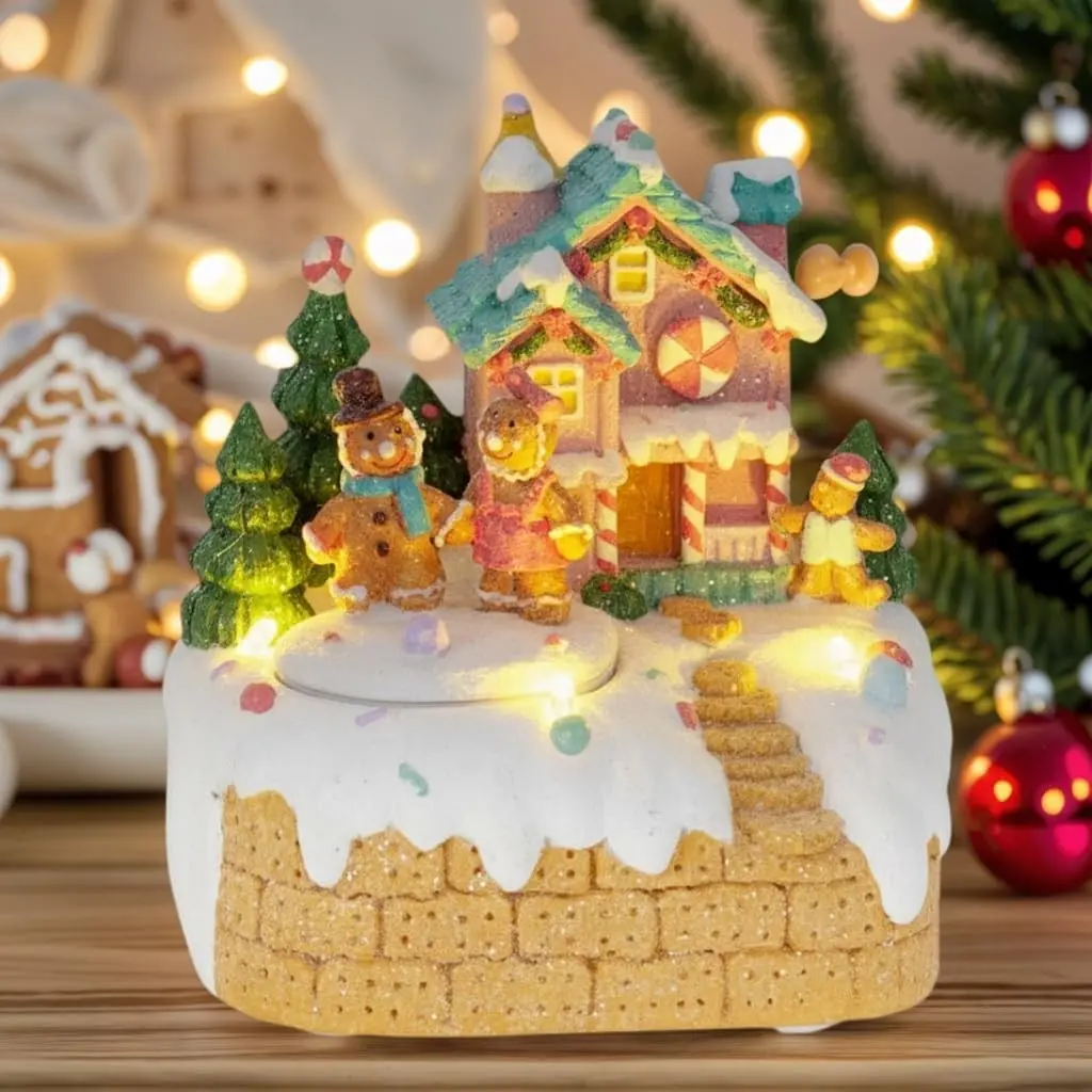 Animated Gingerbread House Christmas Decoration – Pre-Lit Musical Resin Village Figurine with Rotating Gingerbread Characters and LED Lights for Indoor Holiday Tabletop Display