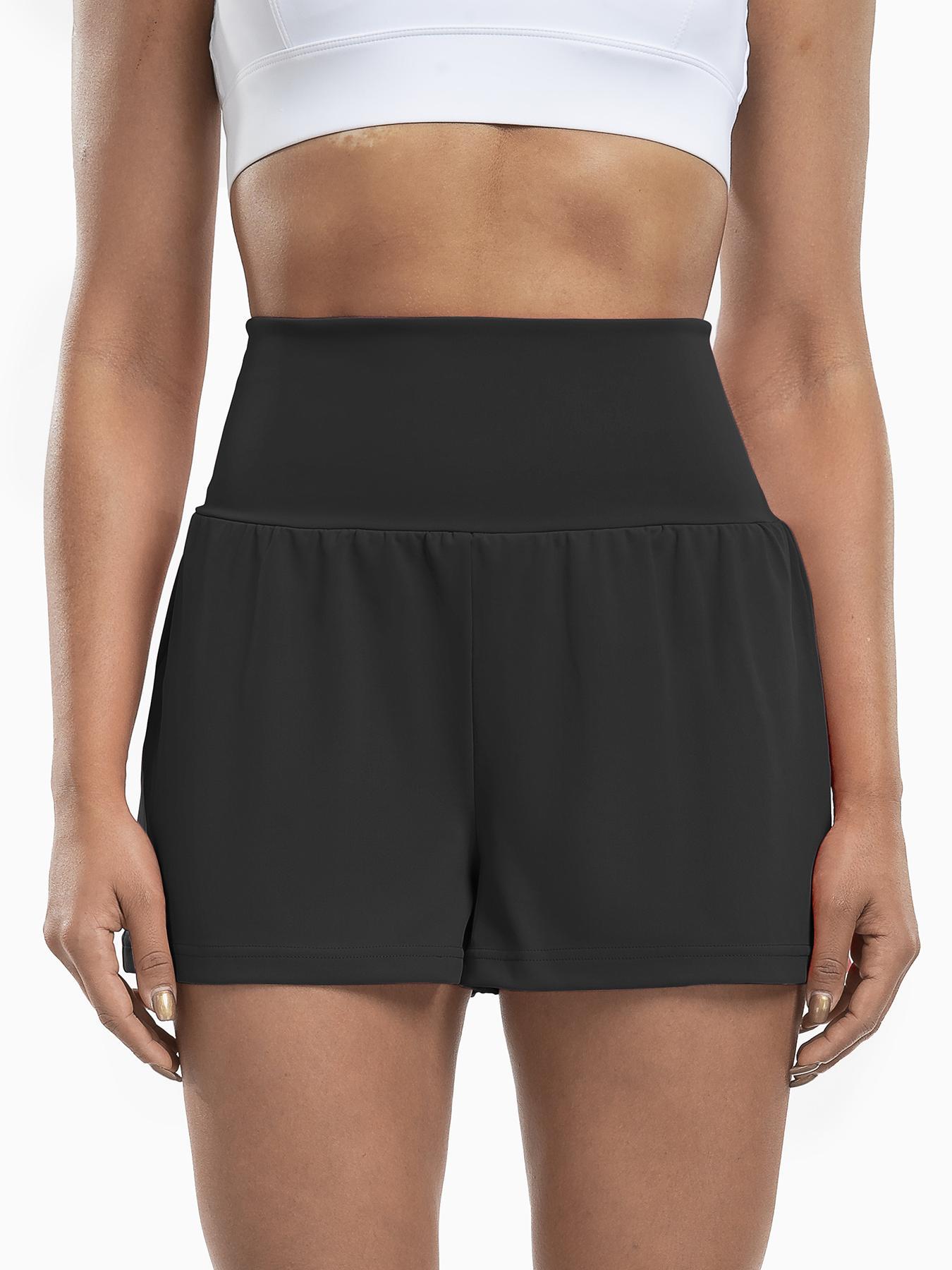 Women's Solid Color Pocket Sports Shorts, Comfy Breathable 2 in 1 Shorts for Yoga Gym Workout Running, Ladies Sportswear for All Seasons