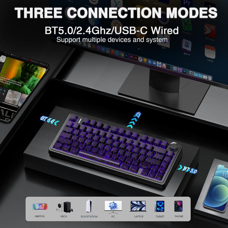 [New Coulor]AULA F75 Pro Wireless Mechanical Gaming Keyboard,75% Gasket Hot Swappable Custom Keyboard,RGB Backlit,Pre-lubed Reaper Switches,Side Printed PBT Keycaps,2.4GHz/USB-C/BT5.0 PC Accessories Office Creamy Budget Keyboards TikTokShopfalldealsforyou