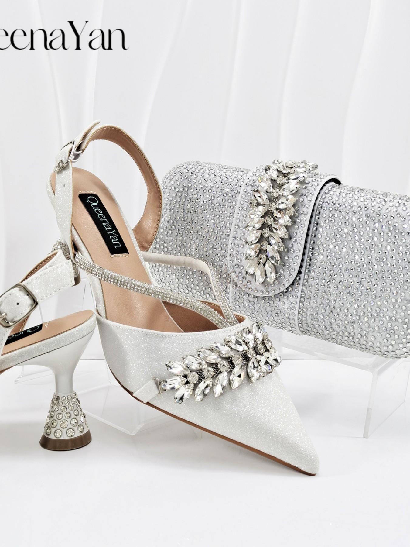 2026 Party New Italian Style High Heels with Bag, Style, Pointed Toe, Metal Decor, Rhinestone Accent, Elegant Olive Color, Women's High Heels