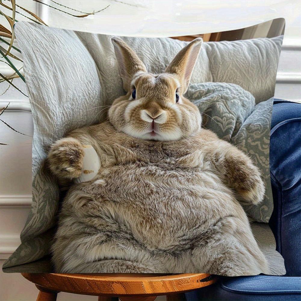 2-Pcs Soft Plush Polyester Chubby Bunny Throw Pillow Covers, Double-Side Rabbit Print, Zipper Closure, Machine Washable Home Decor, Gift-Ready (Inserts Not Included), Zippered