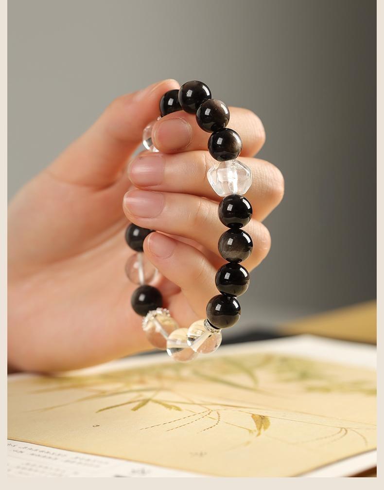 [Tai Chi Balance] crystal bracelet, white crystal silver obsidian, unisex, daily wear gift, 10mm beads natural stone, yin yang balance peace symbol