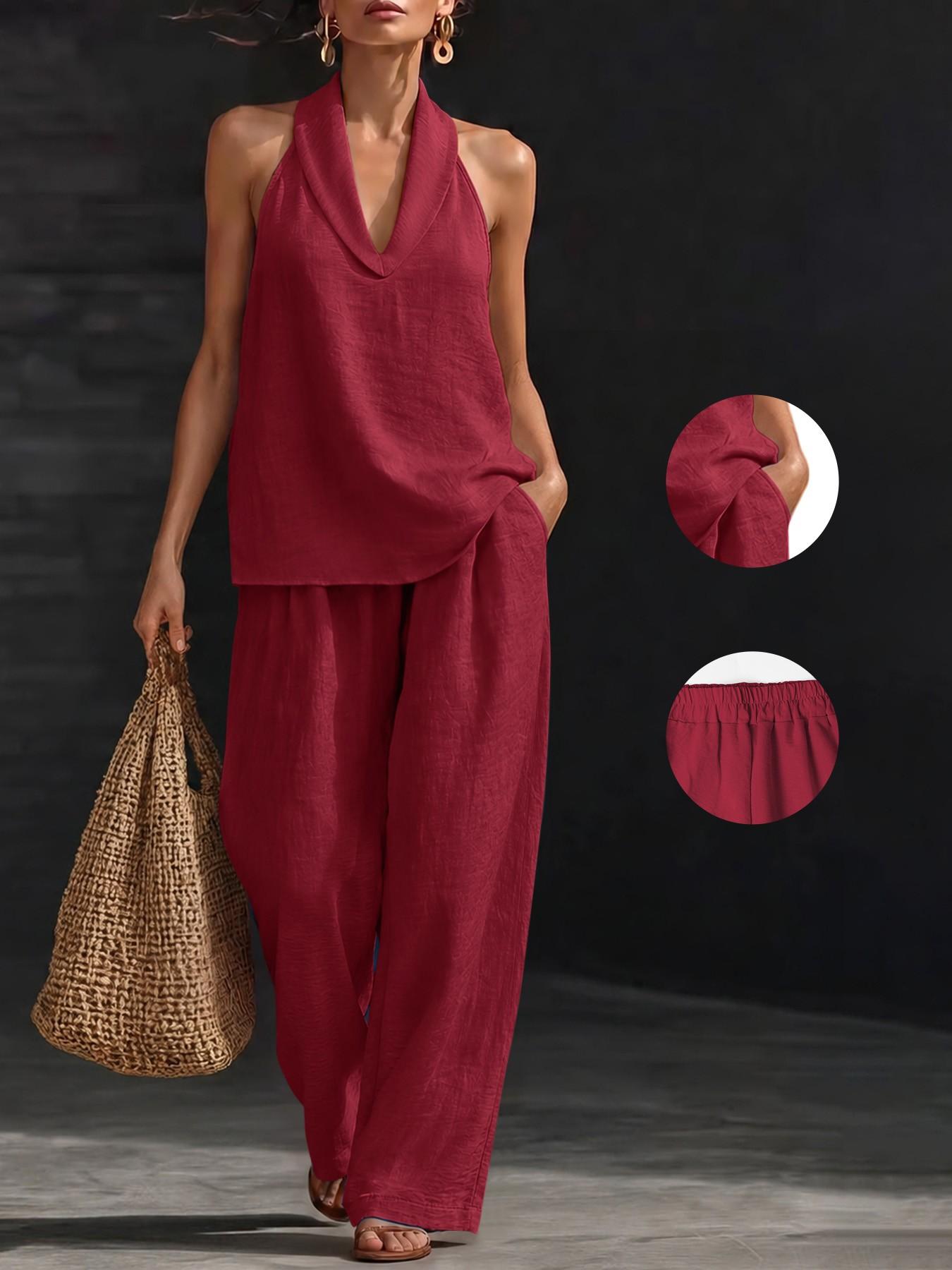 Two-Piece Women's Boho Halter Neck Sleeveless Crop Top and Wide Leg Pants Set, Casual Chic Summer Outfit for Vacation, Beach Clothes