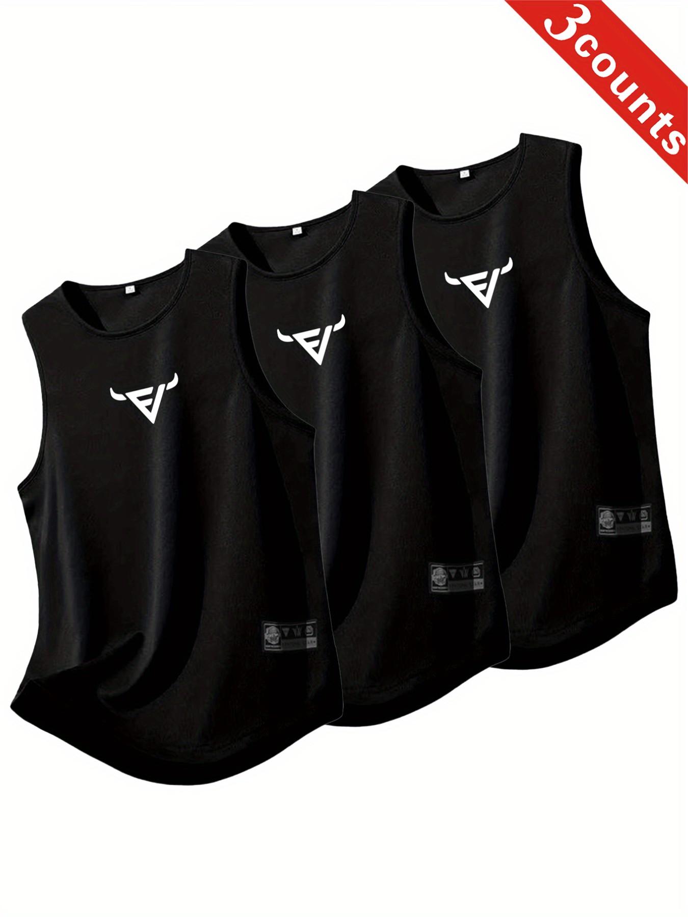 3-Pack Men's Sporty Vest, Quick-Dry Breathable Sleeveless Shirt, Ideal for Gym, Running, Basketball, Lightweight Polyester Print, Fitness Wear