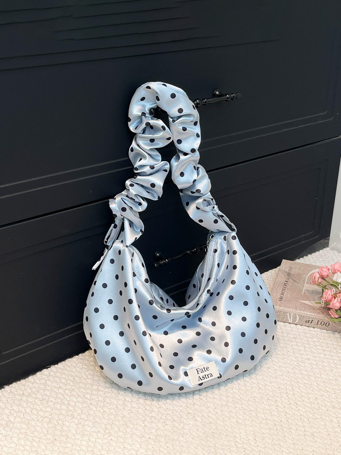 1pc Ladies' cute polka dot shoulder bag, pleated elastic shoulder strap design, aesthetic retro cloud bag with "Fate Astra" label, sweet casual daily perfect for spring and summer wear