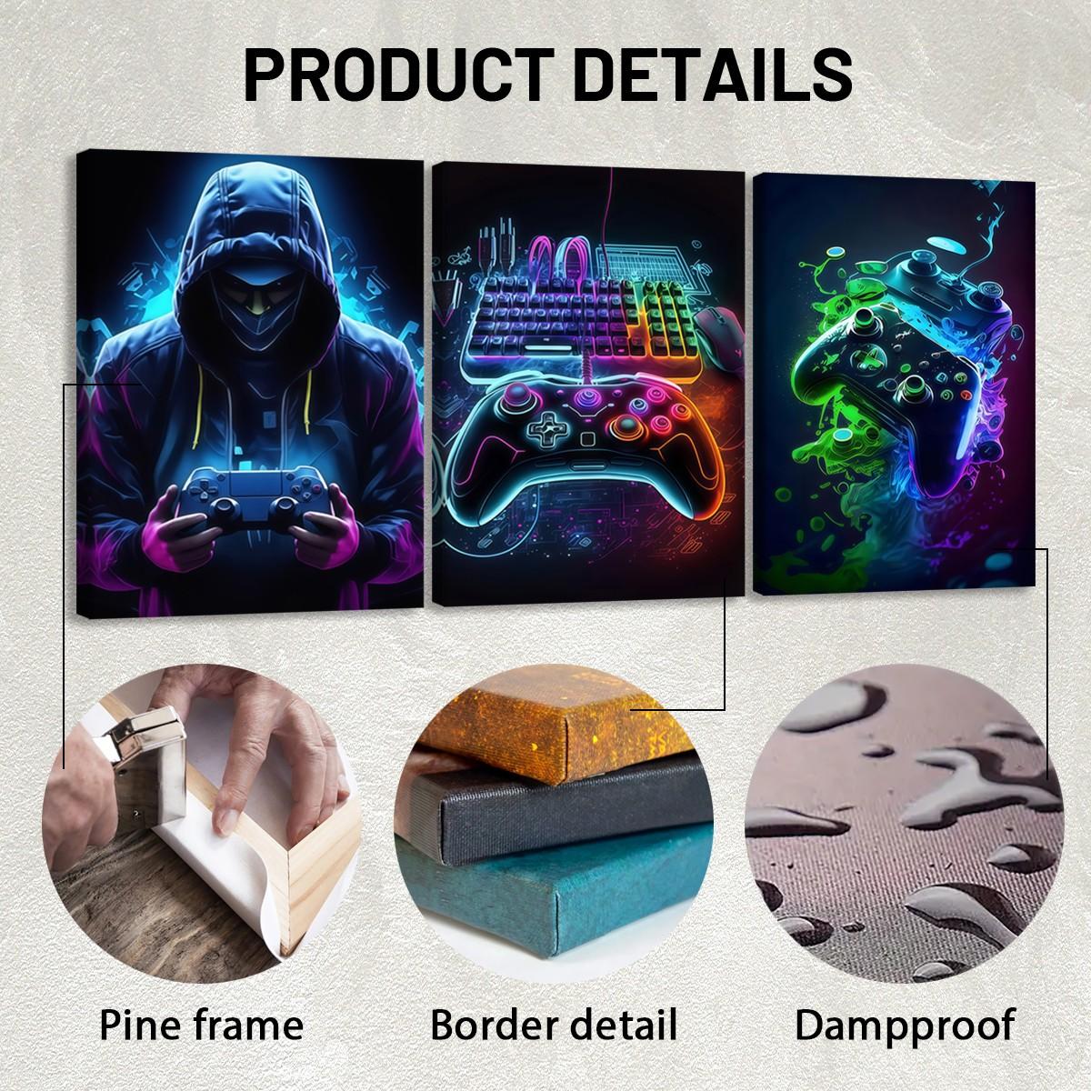 3-Pack Wood Frame Canvas Art, Neon Game Controller Wall Decor, Modern Home Decoration, Waterproof Odorless, Living Room Bedroom Office