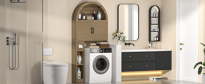 【Super Popular】Dragosum Over The Toilet Storage Cabinet, Arched Cabinet with Doors, Space-Saving Toilet Storage for Bathroom, Laundry, Mini Bar, Free standing Bathroom Organizer with Adjustable Shelf and Anti-Tip Device (Wood)