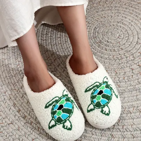 Soft Plush Turtle Thick Bottom Fuzzy Warm Slippers for Men & Women, Warm House Slippers, Cute Animal Embroidery Design, Indoor Home Outdoor Warm Non-Slip Shoes for Fall Winter Gifts, Footwear