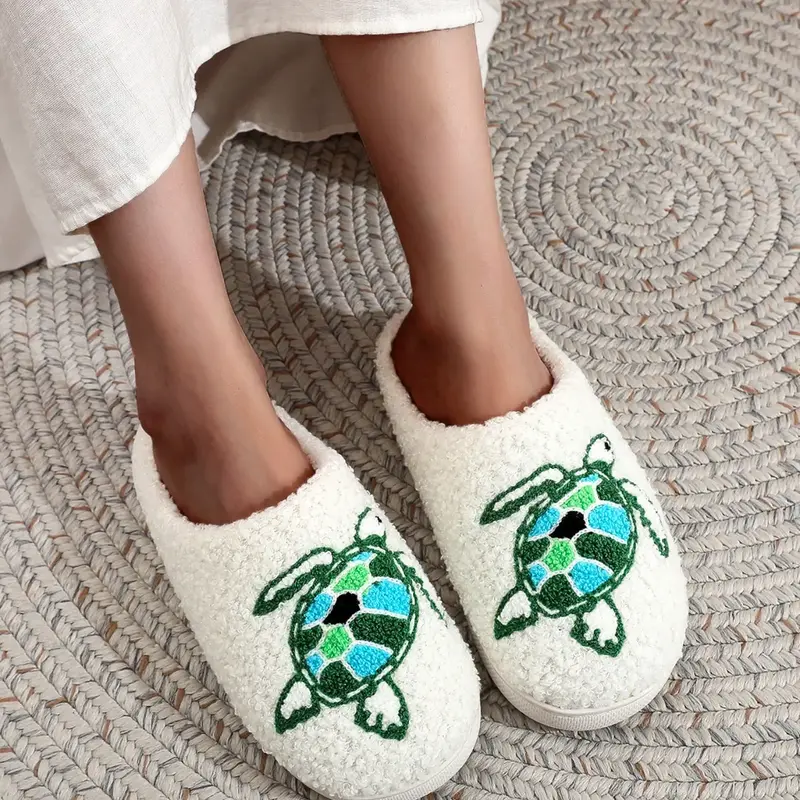 Soft Plush Turtle Thick Bottom Fuzzy Warm Slippers for Men & Women, Warm House Slippers, Cute Animal Embroidery Design, Indoor Home Outdoor Warm Non-Slip Shoes for Fall Winter Gifts, Footwear