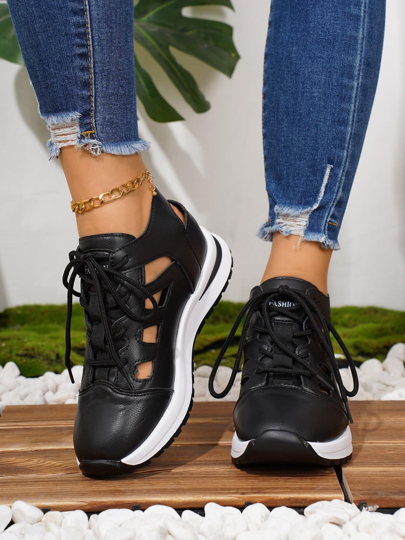 New Women's Cutout Thick Sole Dad Shoes, Breathable Casual Lace-Up Sports Shoes, Patchwork Platform Shoes, Versatile Comfort Walking Shoes