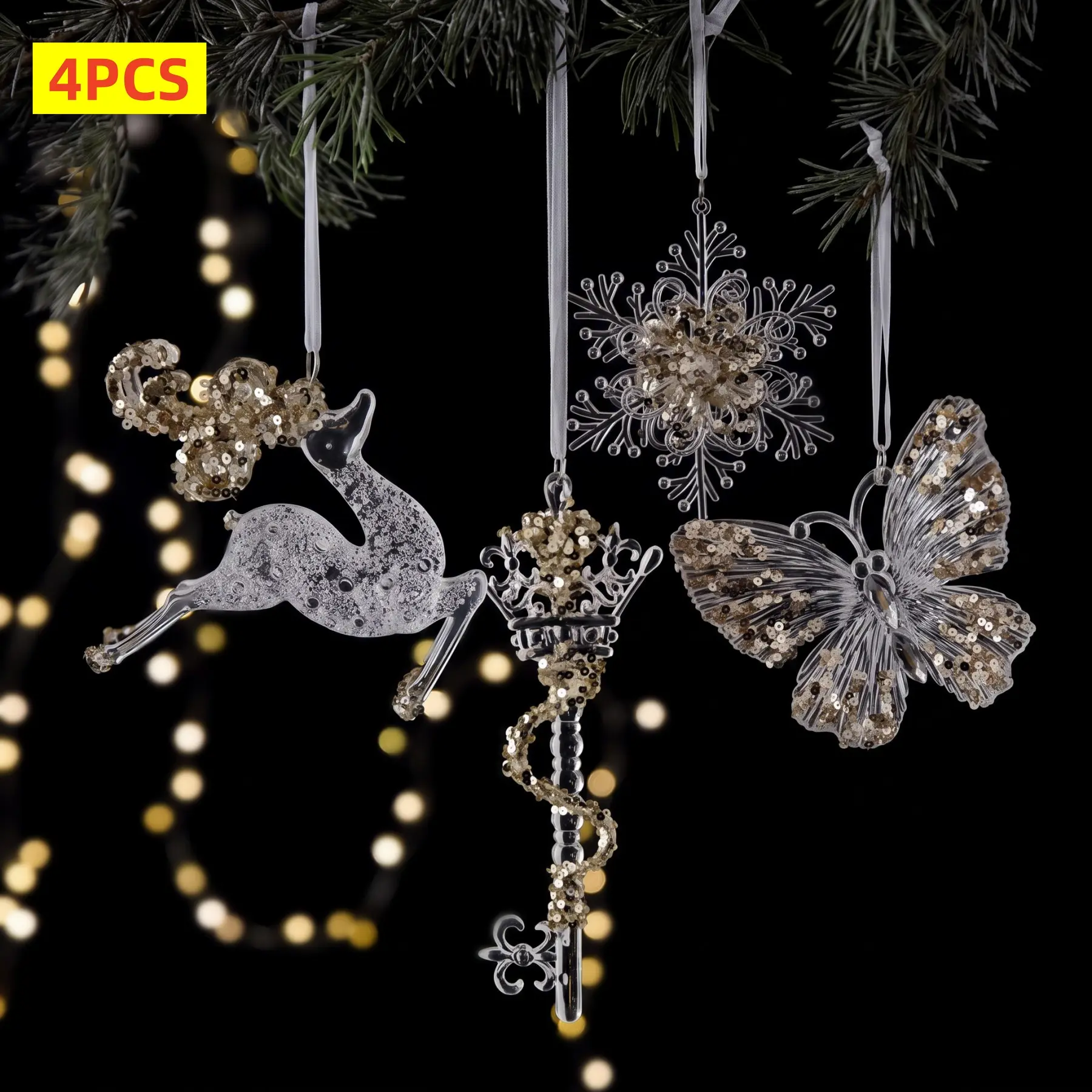 4 Pcs Christmas Tree Decoration Ornaments, Acrylic Christmas Ornaments Snowflake Icicle Drop Crystal Hanging Ornaments for Christmas Tree Winter Holiday Frozen Party Decorations