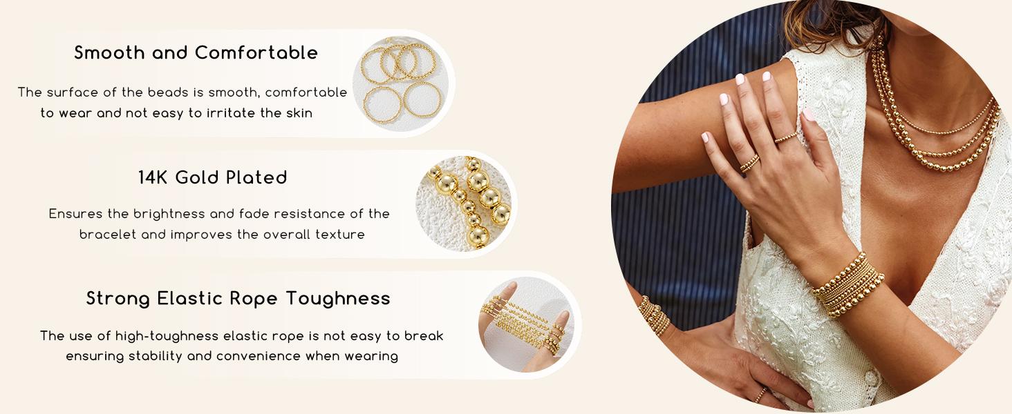 17KM Gold Bracelet for Women Waterproof, Beaded Strand Bead Ball Bracelet stack Adjustable for Gifts 17KM Gold Bracelet for Women Waterproof, Beaded Strand Bead Ball Bracelet stack Adjustable for Gifts