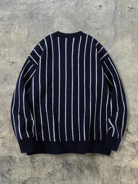 Men's Vintage Striped Jacquard Cardigan, Long Sleeve V Neck Button Front Sweater, Casual Loose Fit Knitwear for Spring Fall Winter