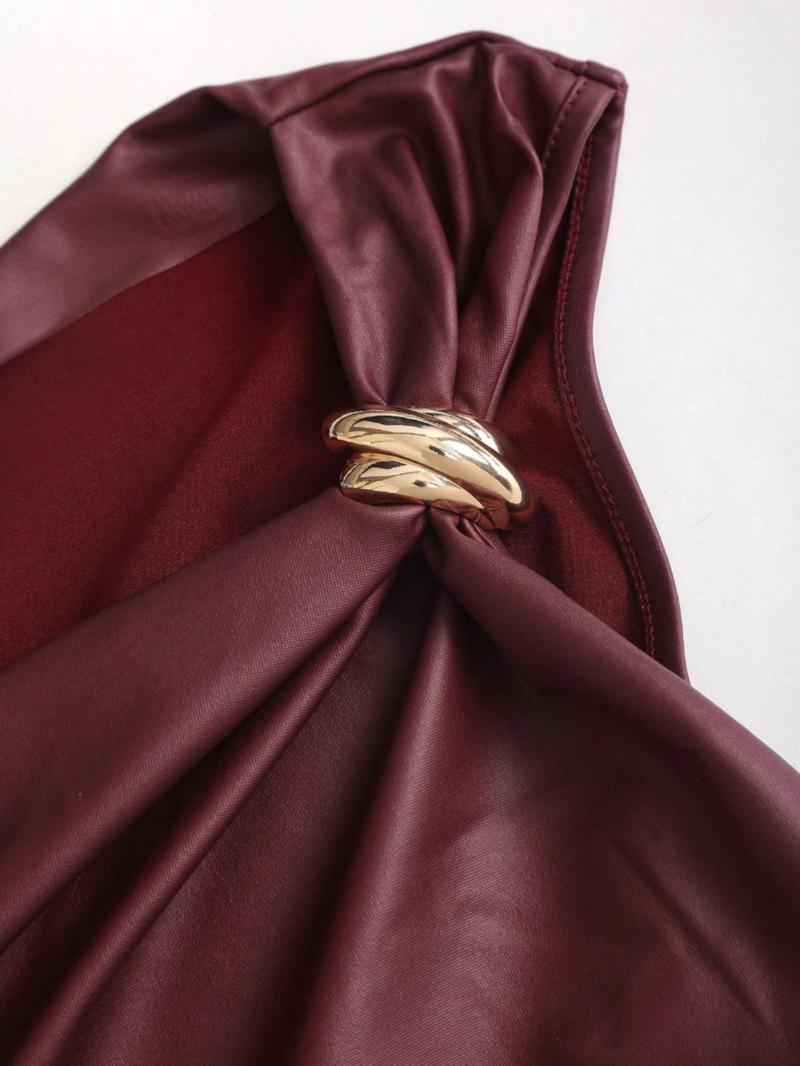 Women's Leather Metal Decor Casual Fashion Top，Irregular Collar PU Top with Metal Decoration, Stylish Casual Blouse for Daily Wear, Fashionable Women's Clothing