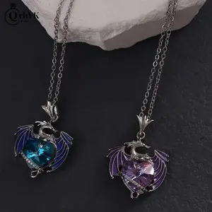 1PC Heart Shaped Dragon Pendant Necklace For Women Blue Purple Dragon Necklace Cute Dragon Party Fashion Jewelry Gift