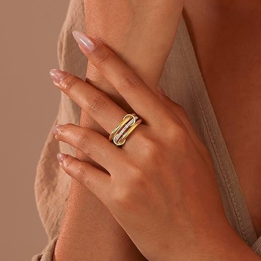 Tewiky 14K Gold Plated Stackable Zircon Eternity Rings for Women, Dainty 14K Gold Plated Cubic Zirconia Interlocking Rings for Women Trendy Stacking Gold And Silver Multi-Link elegant everyday Rings Set Fashion Jewelry For Valentine's Day gifts