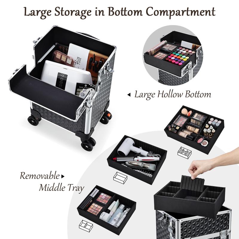3 in 1 Rolling Makeup Train Case Large Cosmetic Trolley Salon Barber Case for Make Up Hairstylists Nail Tech Aluminum Makeup Trolley Case