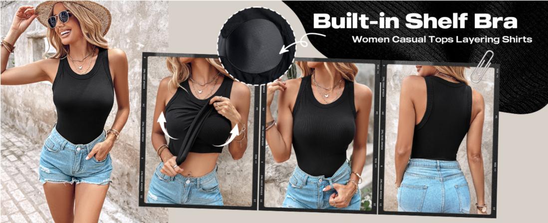 ChicMe 2 Piece Tank Tops with Built in Bras Athletic Tank Tops for Women Ribbed Tank Top/Ribbed Built-in Bra Tank Top