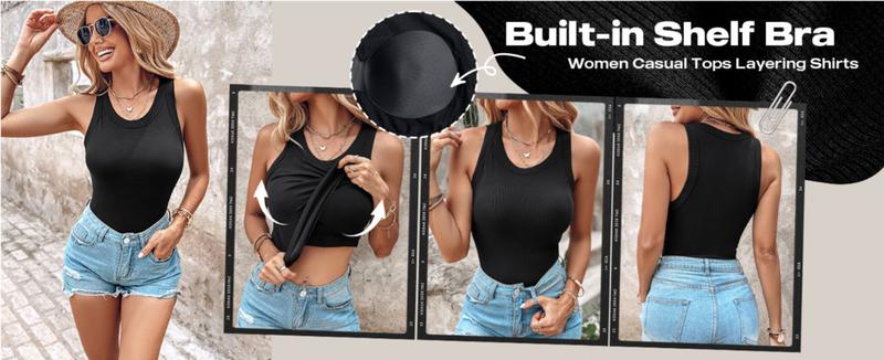 ChicMe 2 Piece Tank Tops with Built in Bras Athletic Tank Tops for Women Ribbed Tank Top/Ribbed Built-in Bra Tank Top