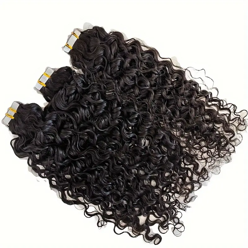 Double Side Curly Wave Tape in Hair Extension Brazilian Remy Human Hair Water Wave Adhesive Tape on Hair Curly Wave Light Beige Weft Tape Ins Human Hair Extension 50g 20pcs for Women Carnaval gift